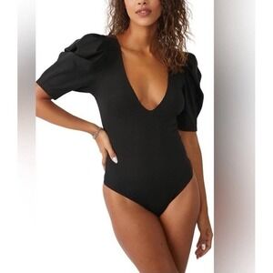 Free People Bodysuit Womens Large Brown Puff Sleeve Deep V Neck Fitted Stretch
